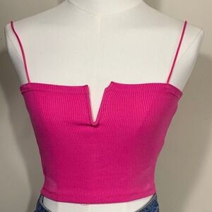 Zara Cami Top Womens Small Hot Pink Ribbed Notched V-Neck Spaghetti Strap NEW